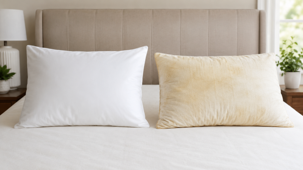 Clean white pillow next to an old stained pillow showing when it is time to replace a pillow